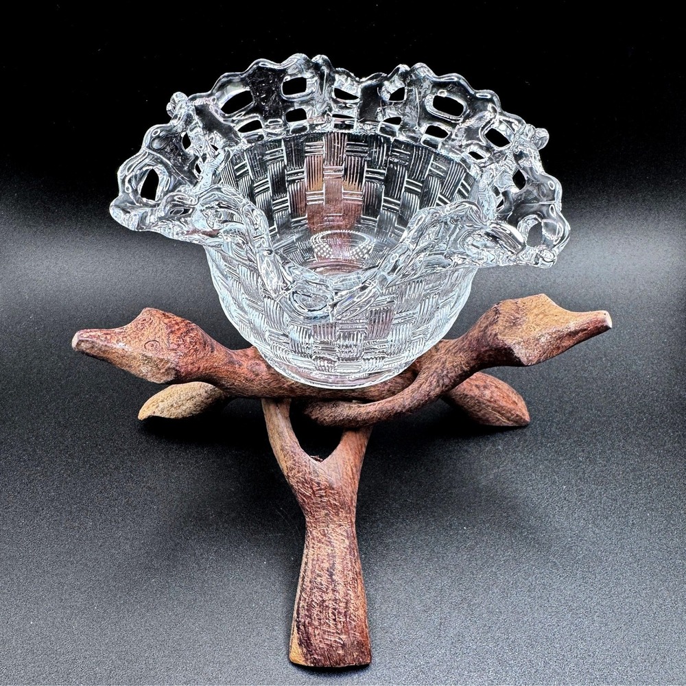 Fenton Basket Weave Glass Bowl Open Lace Rim w/ Hand Carved Wood Stand Vintage